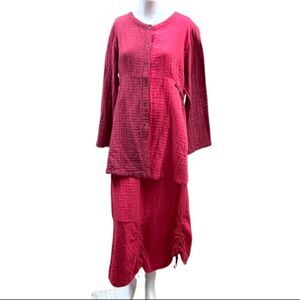 Kleen Thick Rumpled Cotton Lagenlook Multi Pink Button Down Tunic Maxi Skirt Set